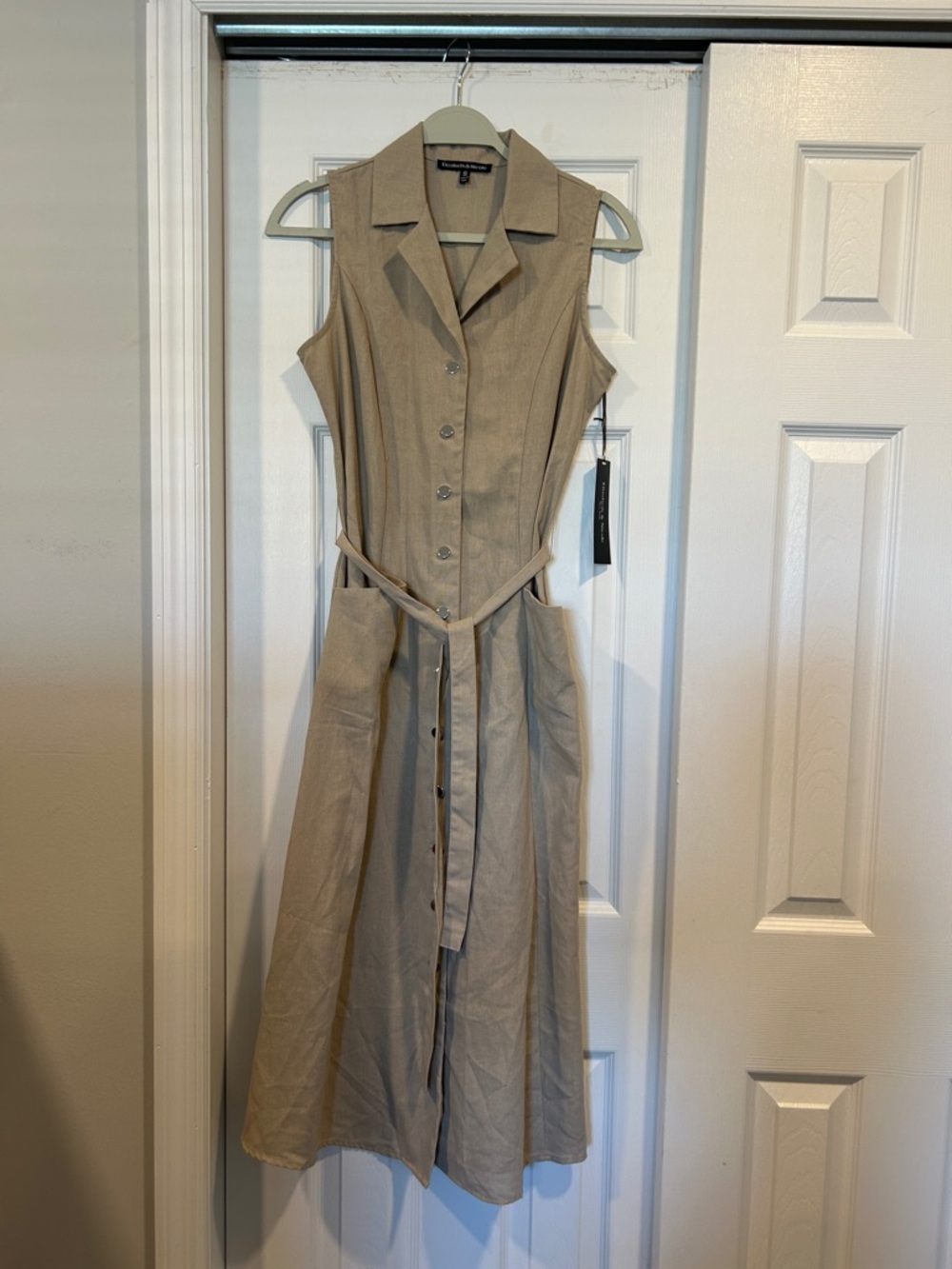 Sleeveless Button-Front Midi Dress in Taupe
